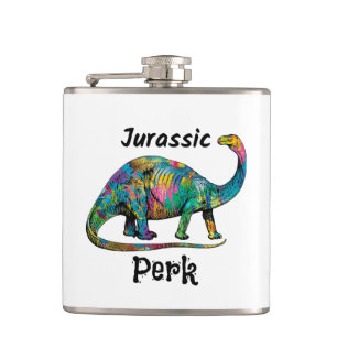 Jurassic Perk Colorful Dinosaur White Hip Flask