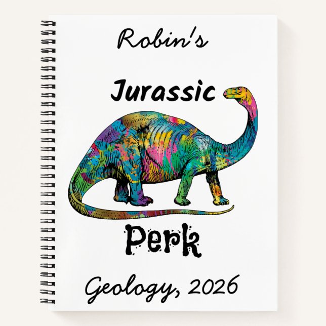 Jurassic Perk Colorful Dinosaur White Notebook (Front)
