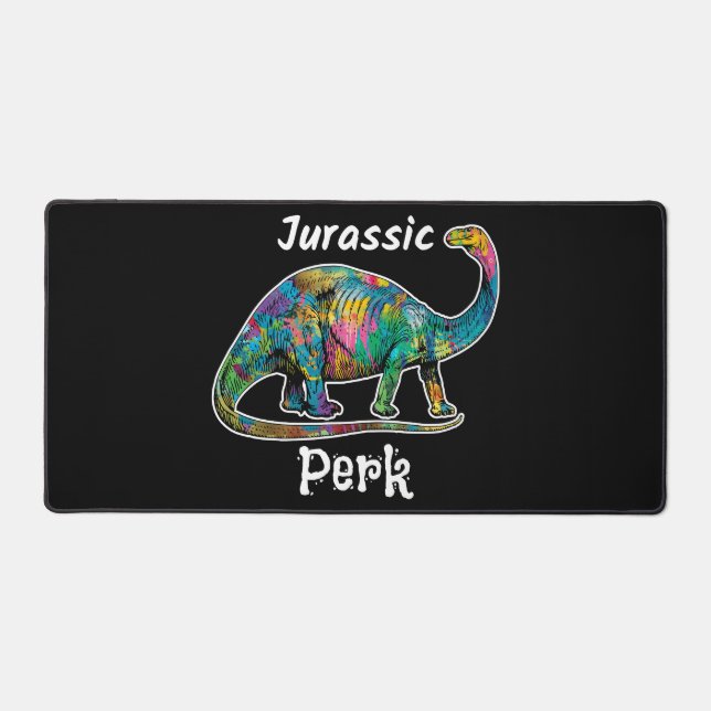 Jurassic Perk Colourful Dinosaur Black Desk Mat (Front)