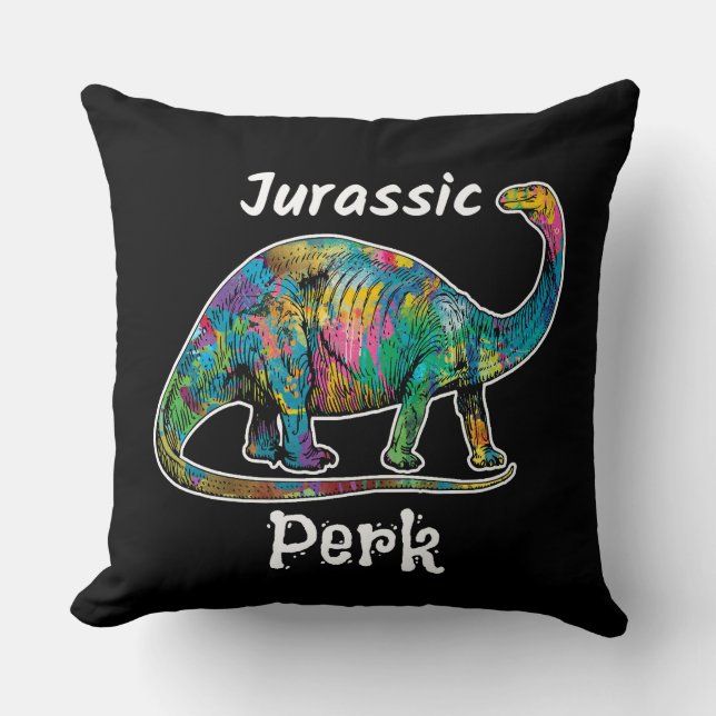 Jurassic Perk Colourful Dinosaur Black Throw Pillow (Front)