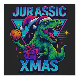 Jurassic Xmas T-Rex - Retro 80s Neon Dinosaur Xmas Poster