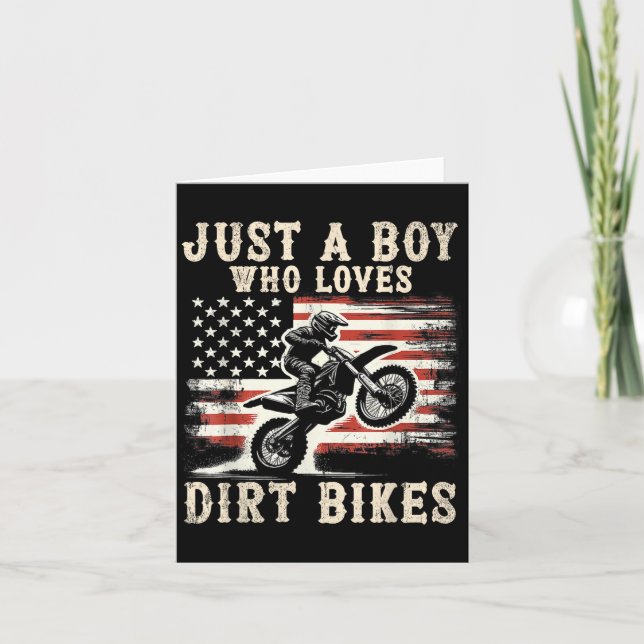 Just A Boy Who Loves Dirt Bikes American Flag Moto Card (Front)