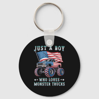 Just A Boy Who Loves Monster Trucks American Flag  Keychain