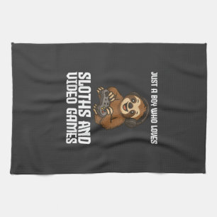 Just A Boy Who Loves Sloths and Video Games Gamer  Kitchen Towel