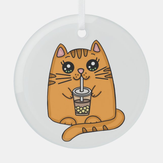 Just a Cat Drinking Boba Tea Glass Ornament (Front)