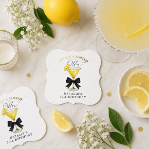 Just a Drop Older Lemon Drop Black Bow Birthday Paper Coaster