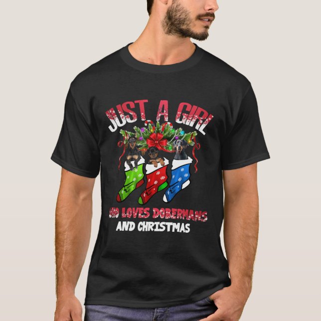 Just A Girl Who Love Dobermans And Christmas T-Shirt (Front)
