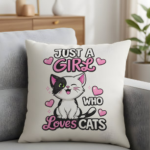 Just a Girl Who Loves Cats Cute Black and White Throw Pillow