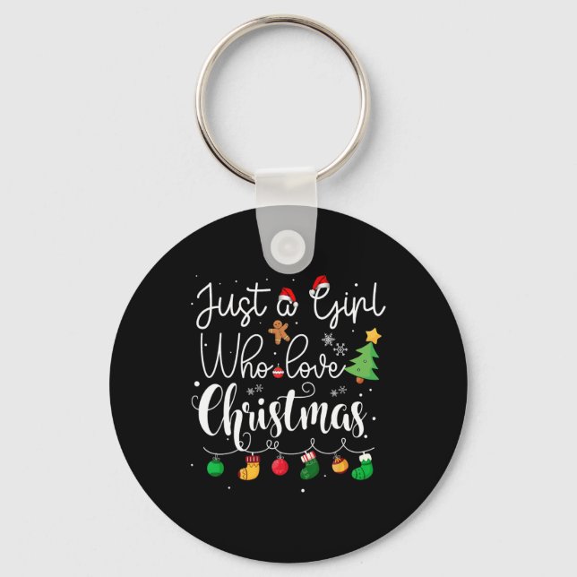 Just A Girl Who Loves Christmas Tree Red Santa Hat Keychain (Front)