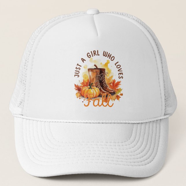 Just A Girl Who Loves Fall – Cozy Autumn Vibes Trucker Hat (Front)