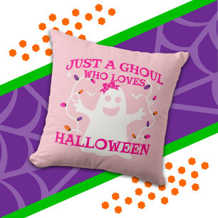 Just A Girl Who Loves Halloween Cute Pink Ghost Throw Pillow
