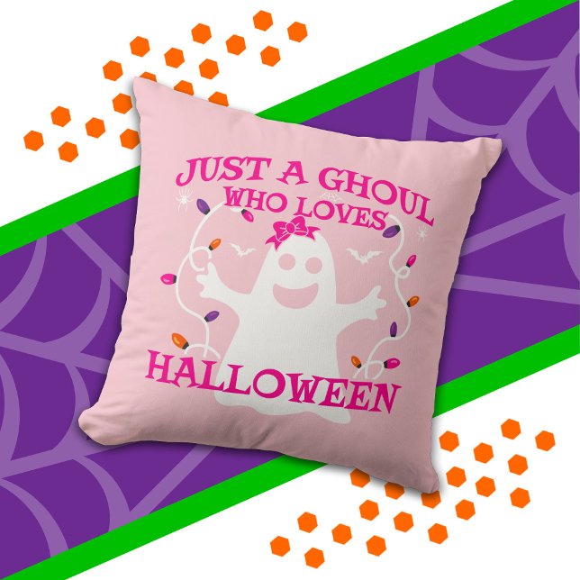 Just A Girl Who Loves Halloween Cute Pink Ghost Throw Pillow (Creator Uploaded)