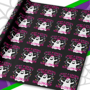 Just A Girl Who Loves Halloween Cute Pink Ghost Wrapping Paper