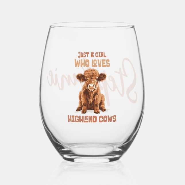 Just a girl who loves Highland Cows Stemless Wine Glass (Front)