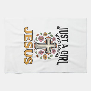Just a Girl Who Loves Jesus Floral Cross Shirt_1 Kitchen Towel
