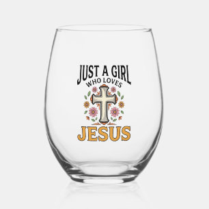 Just a Girl Who Loves Jesus Floral Cross Shirt_1 Stemless Wine Glass