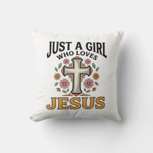 Just a Girl Who Loves Jesus Floral Cross Shirt_1 Throw Pillow