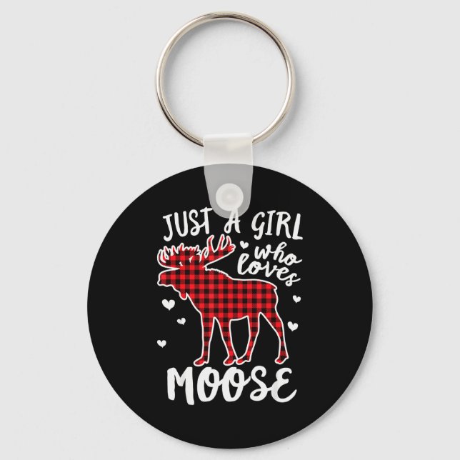 Just A Girl Who Loves Moose Buffalo Plaid Christma Keychain (Front)