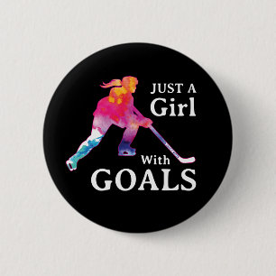 Just a Girl With Goals Hockey Watercolor Button