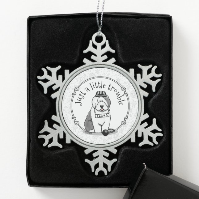 Just a Little Trouble Old English Sheepdog Grey 1 Snowflake Pewter Christmas Ornament (Box)