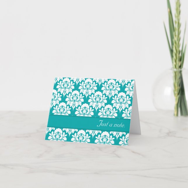 Just A Note Turquoise Damask Print Note Card (Front)
