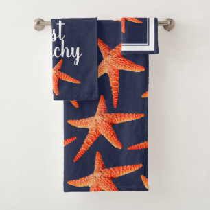 Just Beachy Nautical Red Orange Starfish & Navy Bath Towel Set