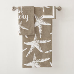 Just Beachy Nautical White Starfish & Faux Burlap Bath Towel Set