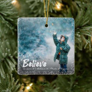 Just Believe   Snow Overlay Photo Merry Christmas Ceramic Ornament