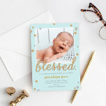 Just Blessed Birth Announcement - Blue<br><div class="desc">Sweet and full of charm,  this modern photo birth announcement is the perfect way to introduce the newest member of your family. Custom colour available upon request.</div>