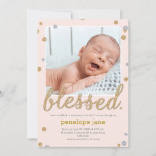 Just Blessed Photo Birth Announcement Pink