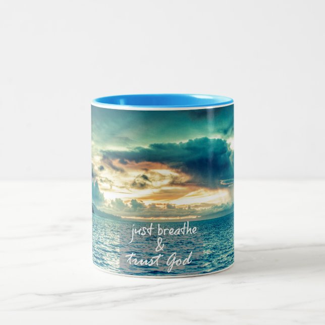 Just Breathe and Trust God Faith Quote Two-Tone Coffee Mug (Center)