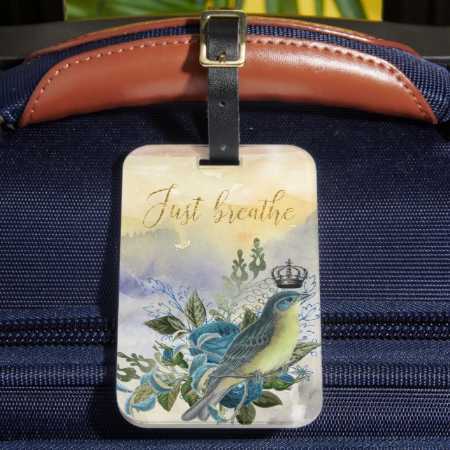 Just Breathe Blue Bird Collage Luggage Tag (Front Insitu 2)