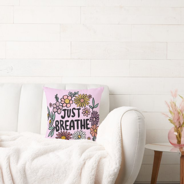 JUST BREATHE Floral Cute Daisy Hand-Drawn Throw Pillow (Couch)