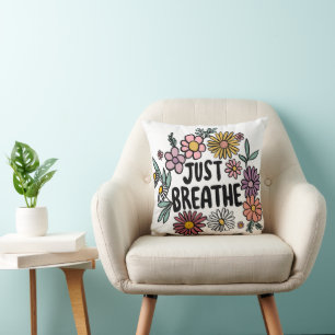 JUST BREATHE Floral Cute Daisy Hand-Drawn Throw Pillow