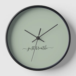 Just breathe green elegant script yoga  clock