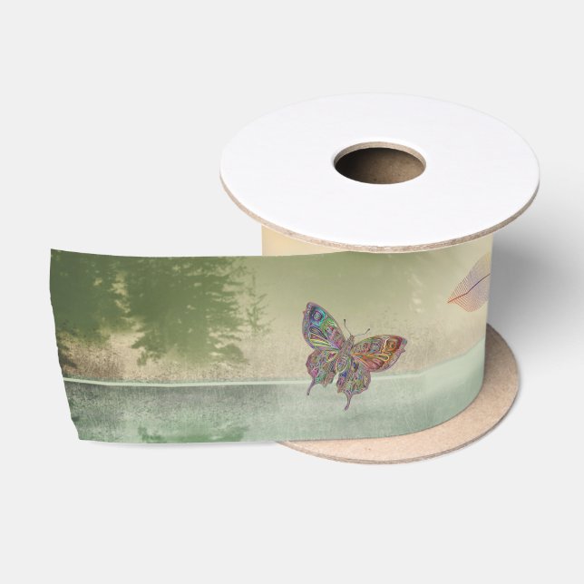 Just Breathe Leaves Butterfly Citrus Mountain  Satin Ribbon (Spool)