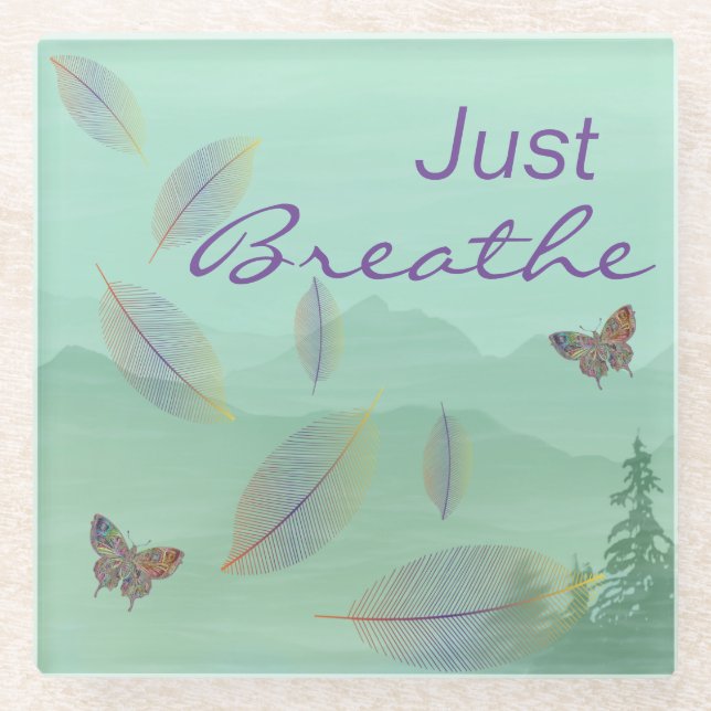 Just Breathe Leaves Butterfly Green Mountain Glass Coaster (Front)