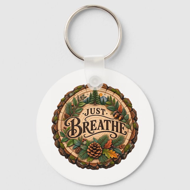 Just Breathe Pine Cone Forest Wood Art Keychain (Front)