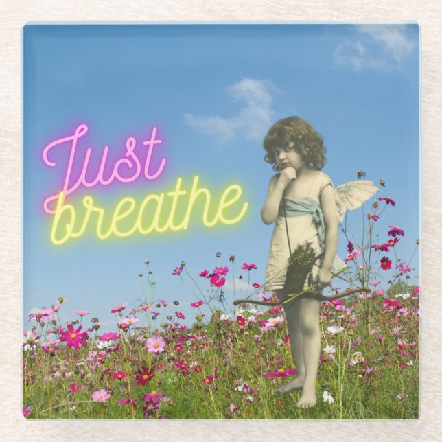 Just Breathe Vintage Angel Altered Art Glass Coaster (Front)