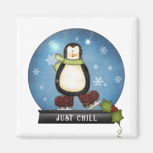 JUST CHILL Penguin Ice Skating Inside Snowglobe  Magnet