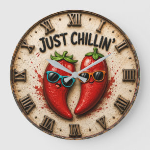 Just Chillin' Funny Chili Pepper Kitchen Humor  Large Clock