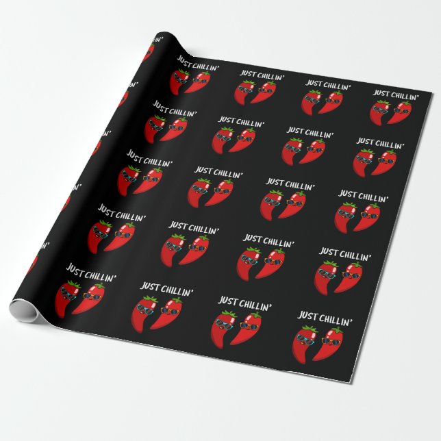 Just Chillin Funny Chili Peppers Pun Dark BG Wrapping Paper (Unrolled)