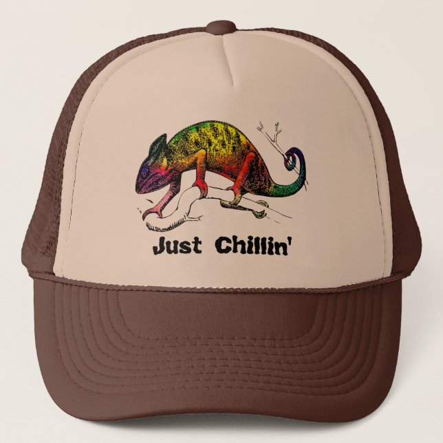 Just Chillin&#x27; Rainbow Chameleon Lizard Trucker Hat (Front)