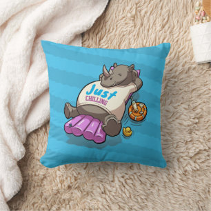 Just Chilling Funny Relaxed Rhino Poolside Cartoon Throw Pillow
