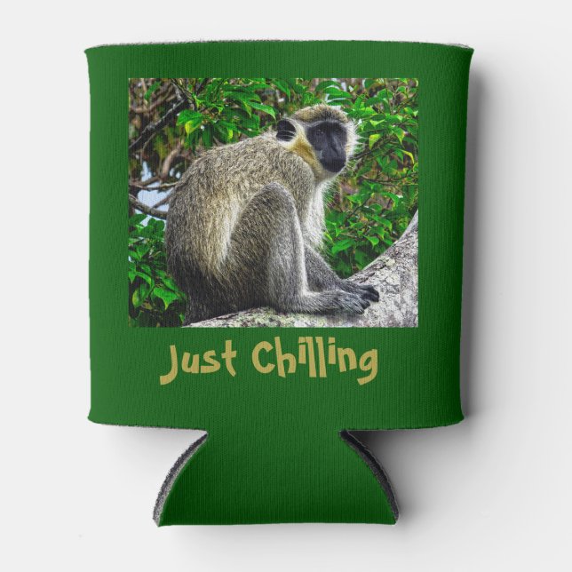 "Just Chilling" Green Monkey Print Can Cooler (Front)