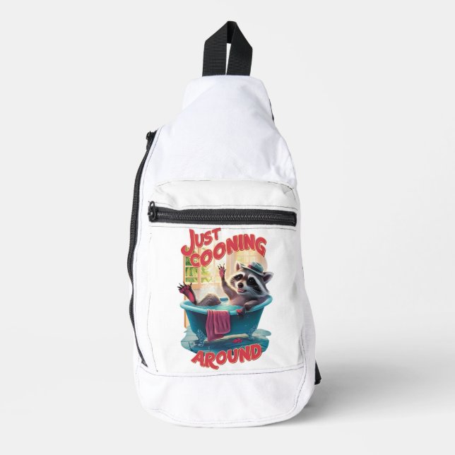 Just Cooning Playful Raccoon Splashing in Bath , Sling Bag (Front)