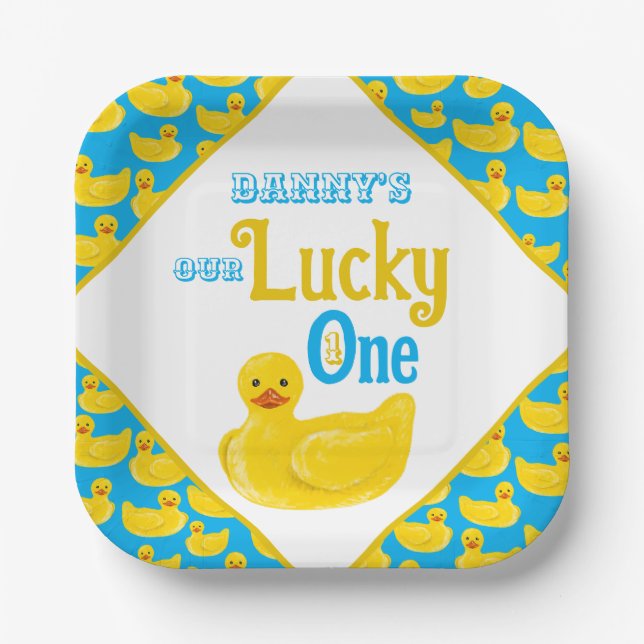 Just Ducky Lucky One First Birthday Invitation Paper Plate (Front)