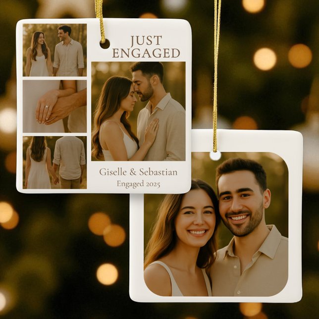 Just Engaged Photo Engagement Collage Christmas Ceramic Ornament (Creator Uploaded)