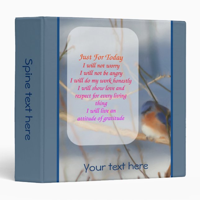 Just For Today Bluebird Inspirational Personalized Binder (Front/Spine)