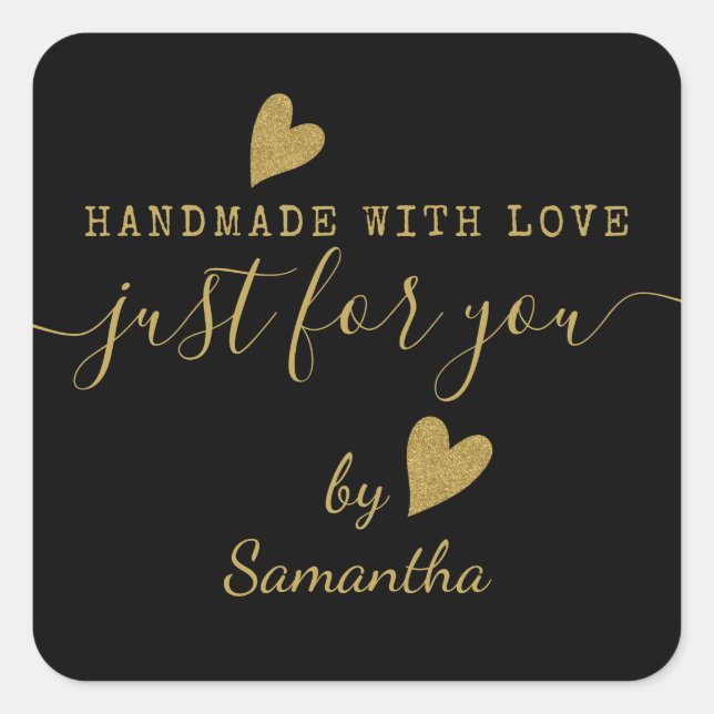 Just For You Black And Gold Handmade With Love   Square Sticker (Front)